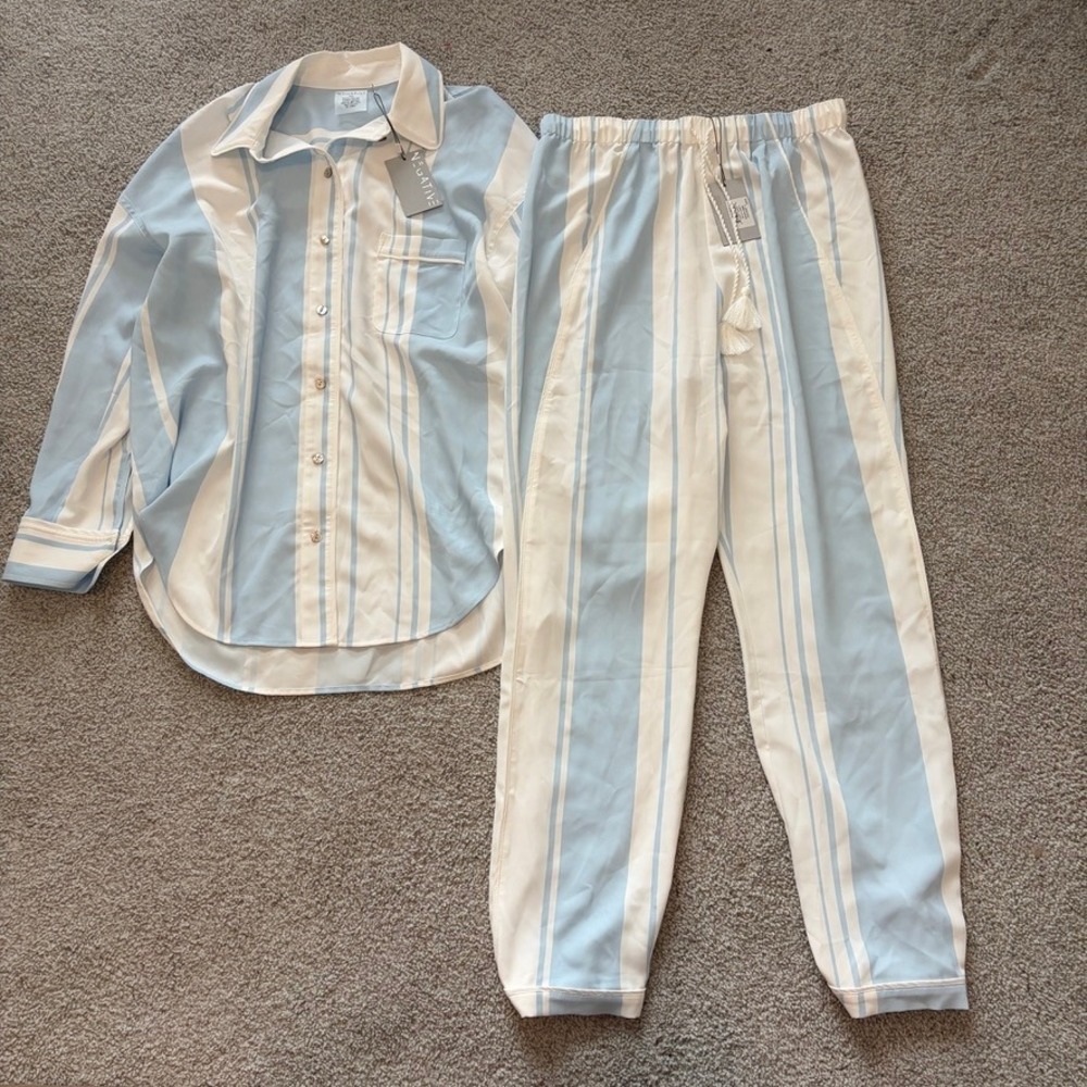Negative Underwear Supreme Pajama Set Womens S Blue White Striped Button Up